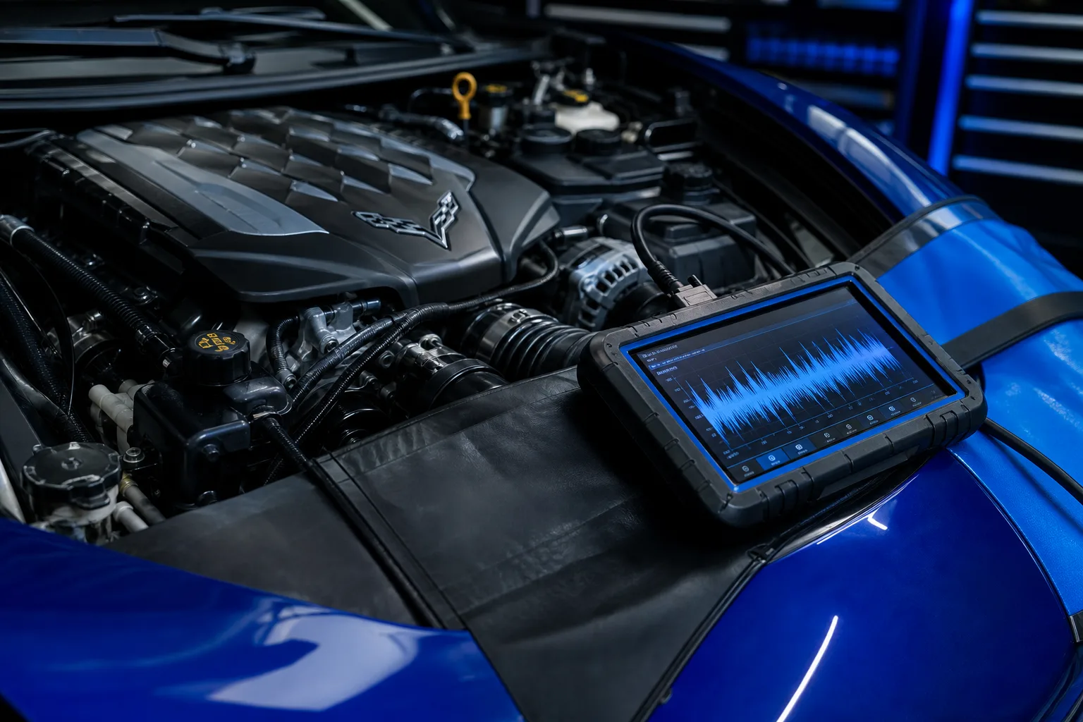 Snap-on diagnostic tablet on an engine at Jack's Auto Repair — mechanical pillar