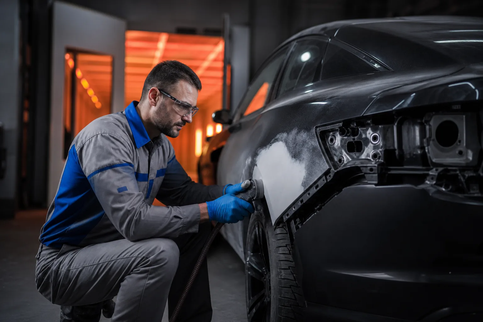 Collision refinish and body work in progress at Jack's professional paint area