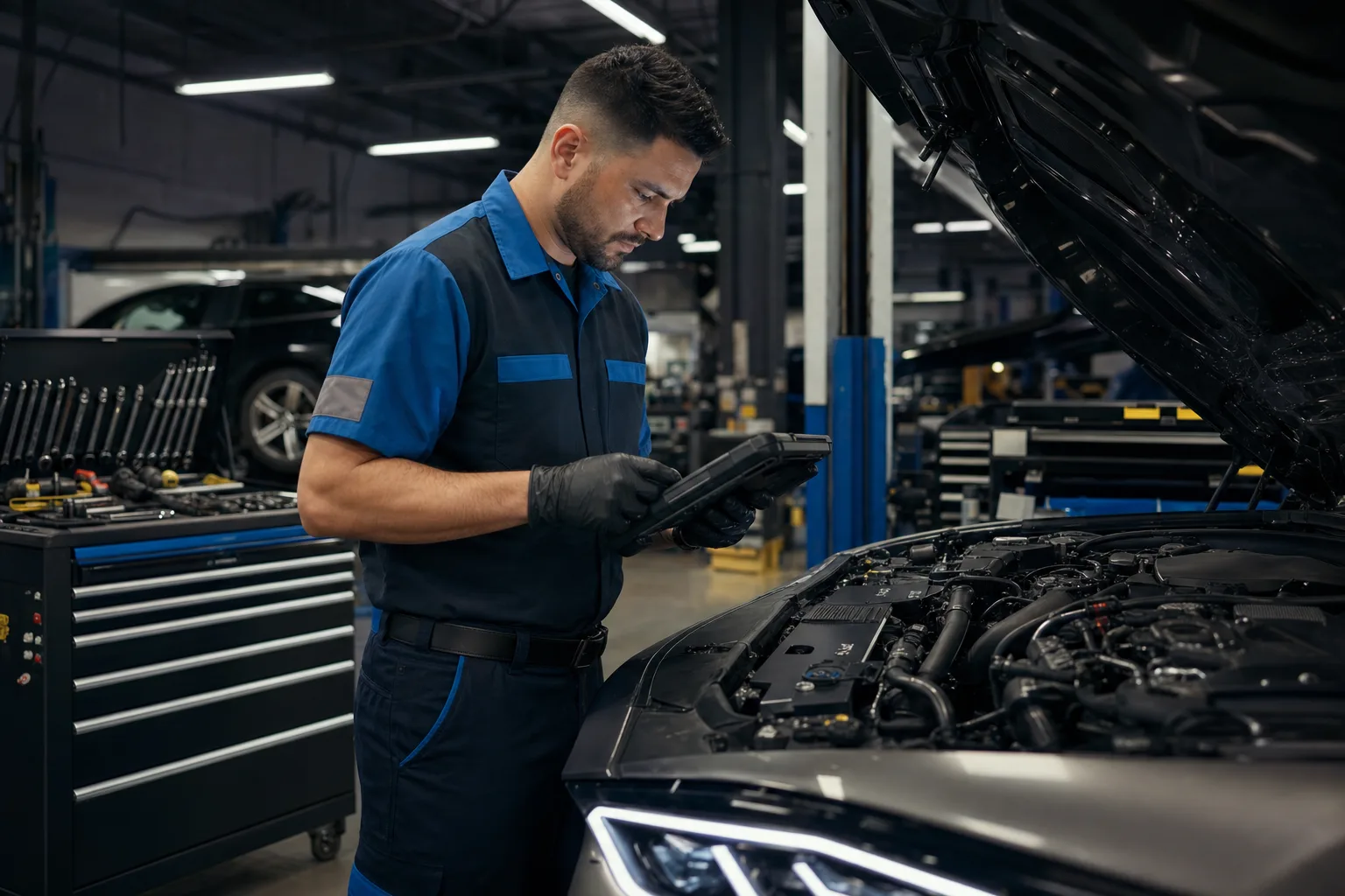 Technician performing diagnostics in a modern service bay at Jack's Auto Repair
